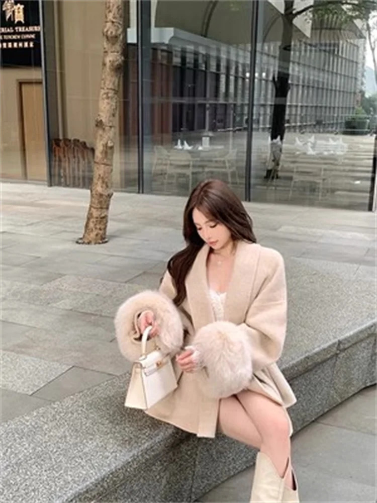 Grey Tie Waist Collection Woolen Coat Womens Autumn and Winter Long Sleeved Loose High-end Cape Coat Medium Length Top 240830