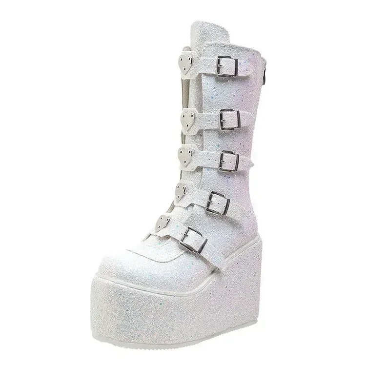 Sequin Punk Boots Ladies Cosplay Comfort Long Tube Pink Platform High Wedges Gothic atos De Mujer Socofy Chaussures Femmes f378