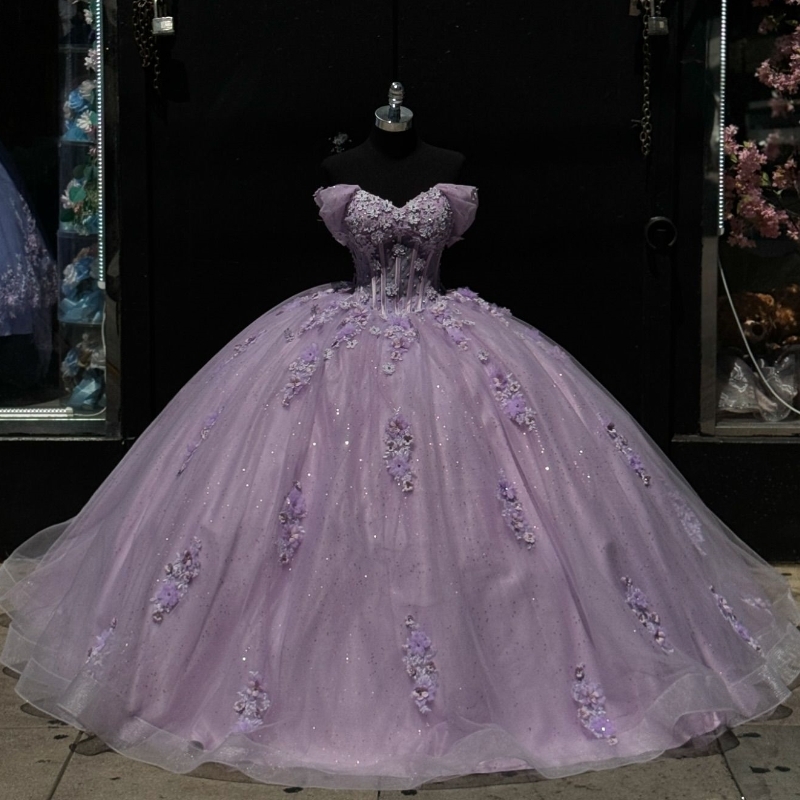 Lilac Mexican Quinceanera Dressess Off The Shoulder Applique Beads Tull vestido 15 De Corset Lace Up Sweet 16 Dress
