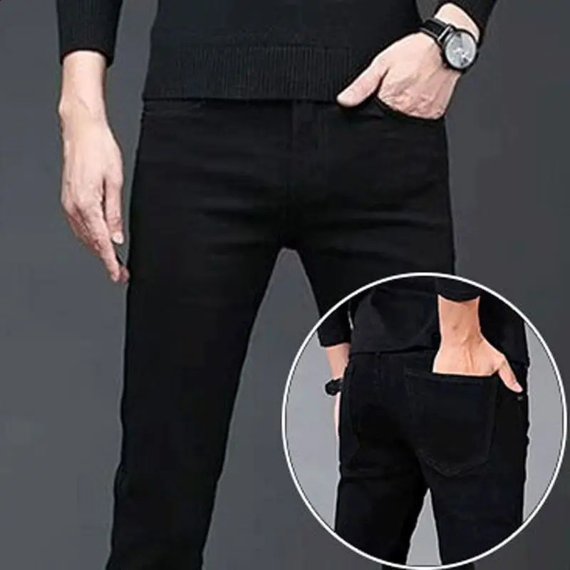 Mens Autumn Winter Korean Style Brushed Denim Fabric Slim Fashion Skinny Plush Cowboy Snowflake Pants 240826Z