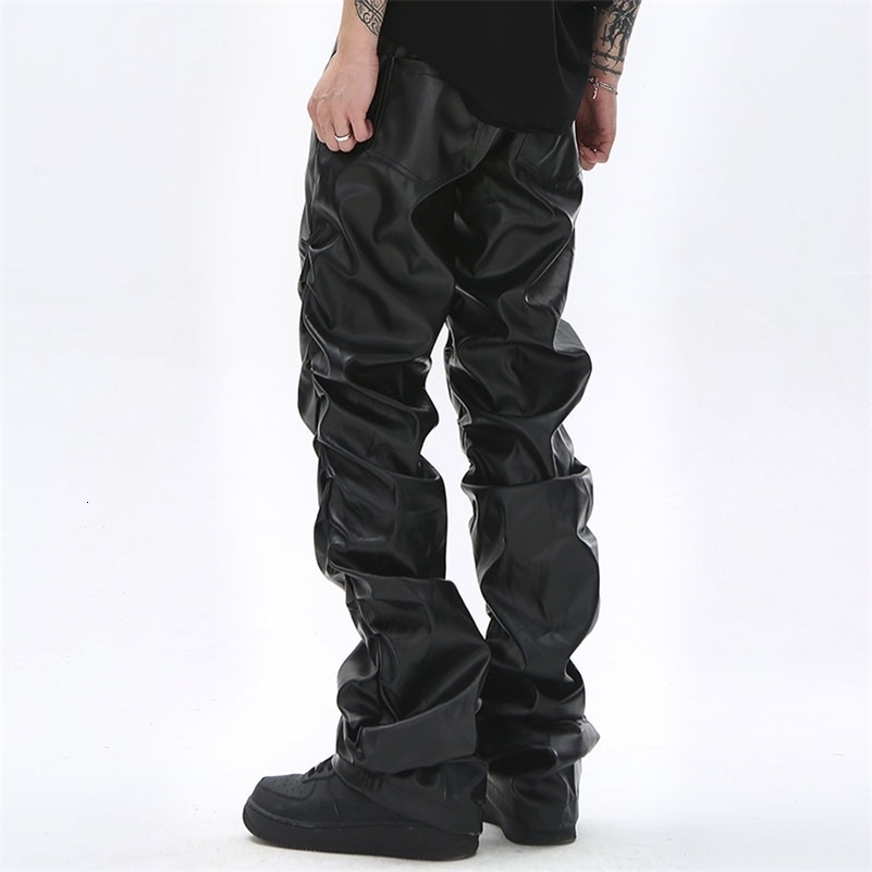 Hip Hop Mens Pleated Pu Leather Pants Harajuku Retro Streetwear Loose Ruched Casual Trousers Straight Solid Color Black Pants 240830