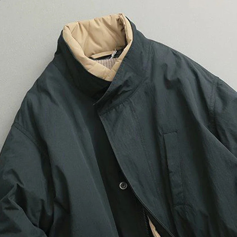 Winter Japanese retro twopiece inner pot Parkas unisex stand up collar long padded jacket Cityboy simple thick 240830 - view 7