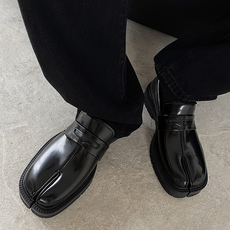 women Brand men Split Toe Black Glossy Leather Platform Loafers Wedding Office Business Lady Shoes 45