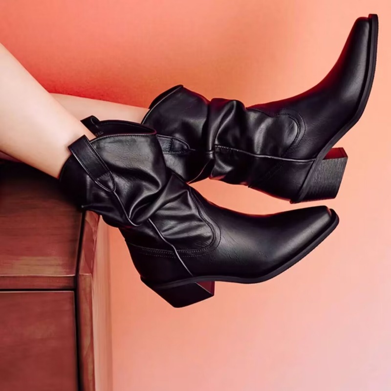 Ankle 2024 for Pointed Toe Behind Retro Style Chunky Heels Western Fashion Women Short Boots D193 8210
