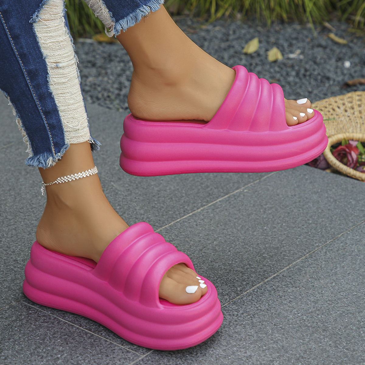 Pink Chunky Platform Sandals for Women 2024 Summer Thick Bottom Eva Wedge Slippers Woman New Fashion Non Slip Beach Slides Shoes Y241008