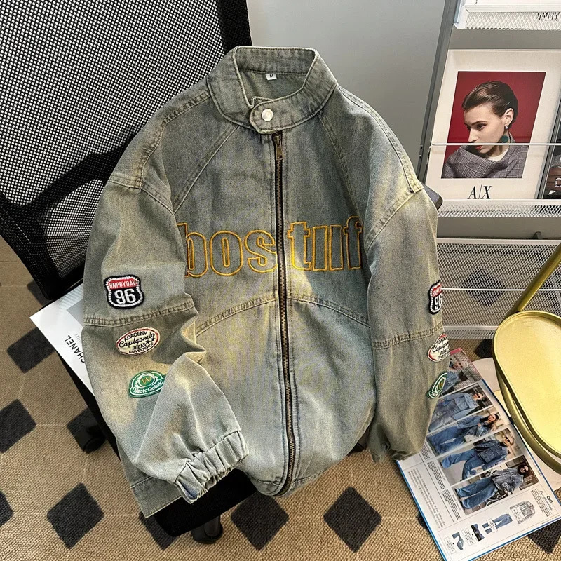 Trendy High Street Denim Jacket Loose Fit Vintage Motorcycle Dirt Colorful Letter Printed Jacket Casual Street Style For Men 240830