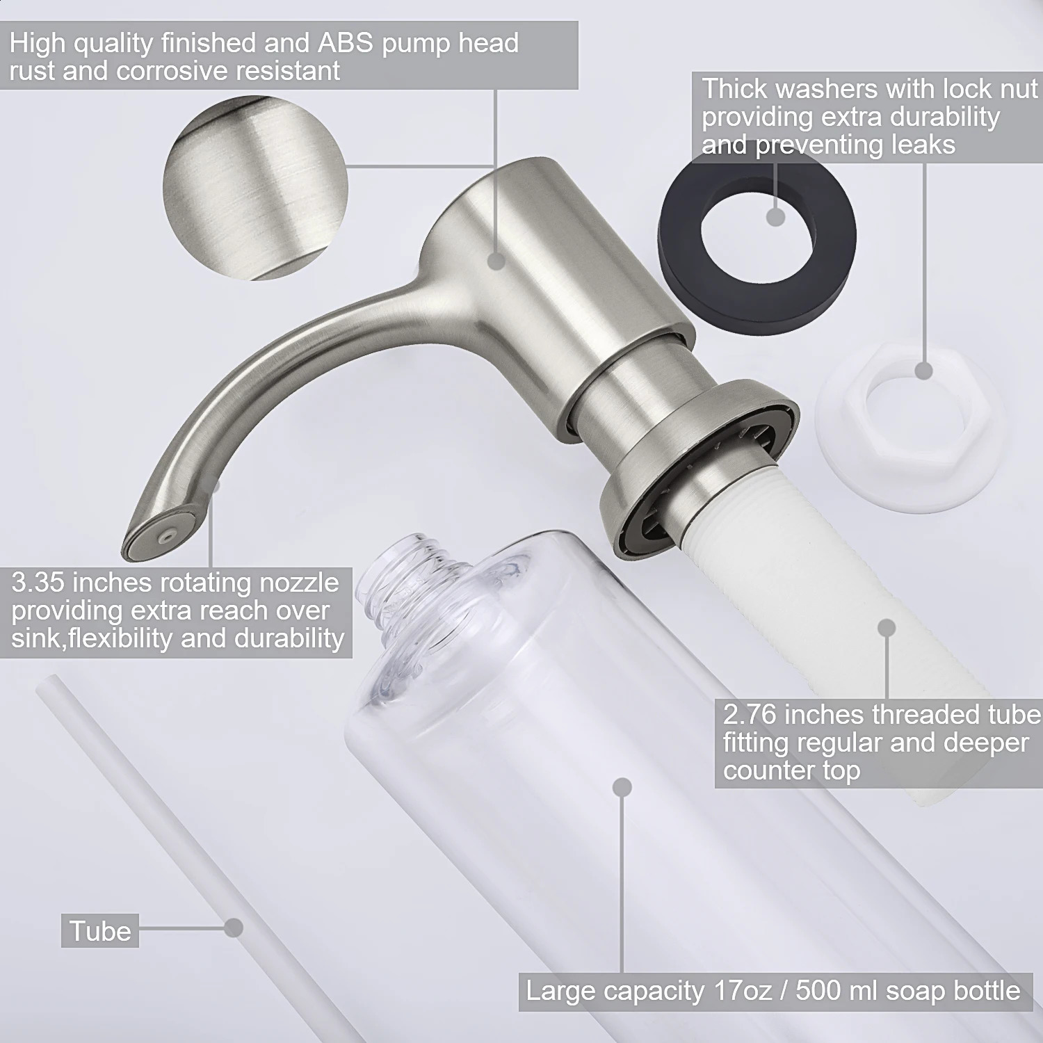 Samodra Nickel Soap Dispenser Black Kitchen Sink Counter Liquid Bottle Accessories 500ml Built in Pump 240830
