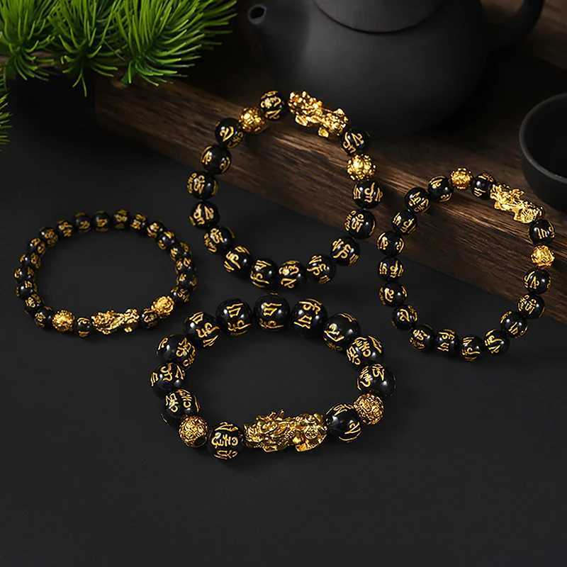 Feng Shui Obi Sidia Stone Bead Bracelet for Men and Women Gold Pixiu Black Six Character Proof of Wealth and Good Luck W241231