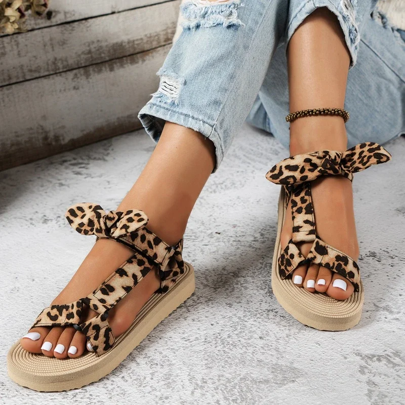 Women's Leopard Print Bow Sandals Summer Fashion Thick Soled Outdoor Beach Slippers Trend Flat Casual Shoes Lightweight
