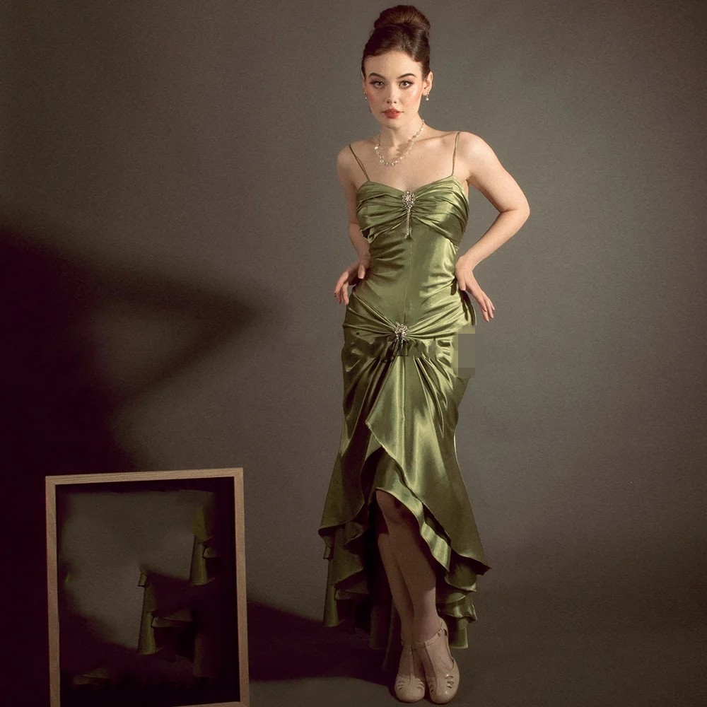 Sexy Women's Prom Dress 2024 Spaghetti Straps Sleeveless Hi-Lo Pleat Mermaid Green Evening Formal Gowns Birthday Party Dresses Robe De Soiree Noc