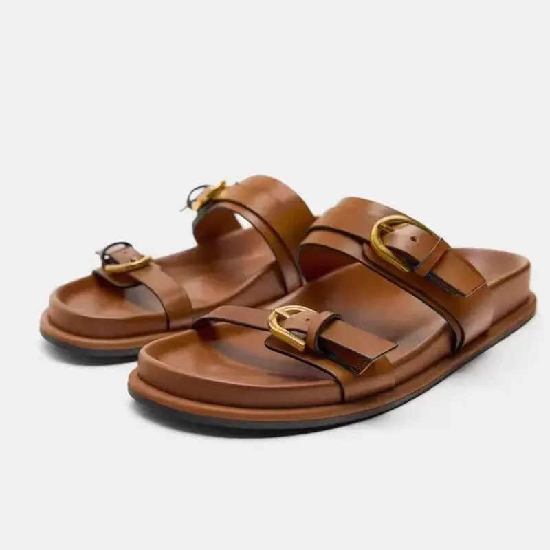 2024 Women's Metal Buckle Sandals Woman Black Flat Sgback Female Summer Straps Round Toe Shoes 404