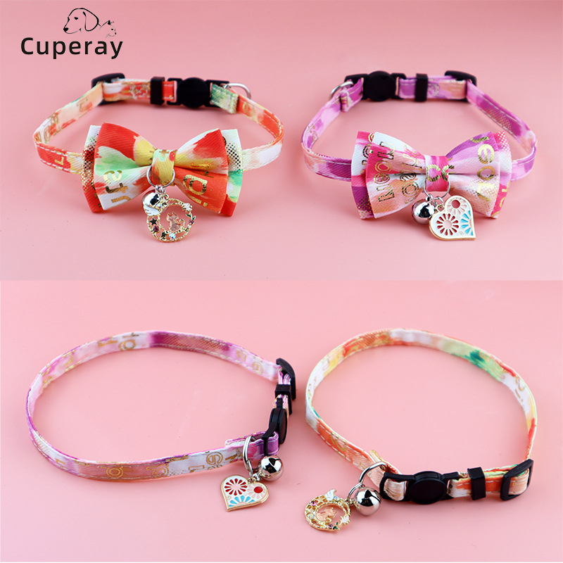 Pet Collar Adjustable Camouflage Graffiti Puppy Collar Cute Bell Cat Collars Bow Knot Removable Fit Kitten Puppy Pet Accessories