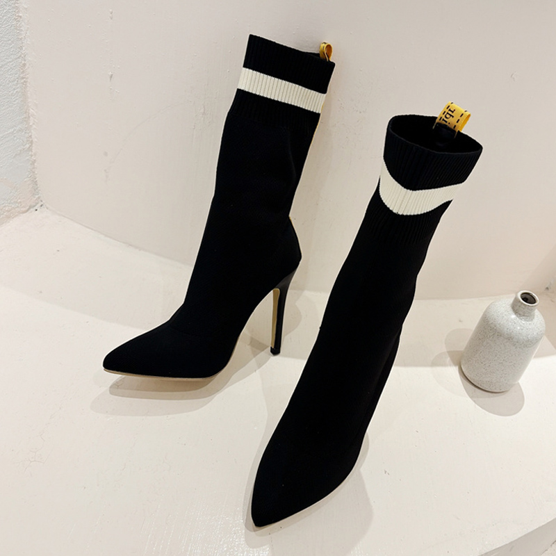 Liyke Autumn Winter Knitting Stretch Fabric Soc Boots Women Sexy Pointed Toe Thin High Heels Shoes Ankle Booties Mujer 4