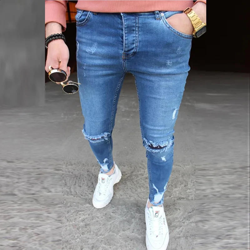 Mens Jeans Slim Pants Holes Denim Casual Trousers Trend Skinny for Men Fashion Pencil Clothing 240826Z