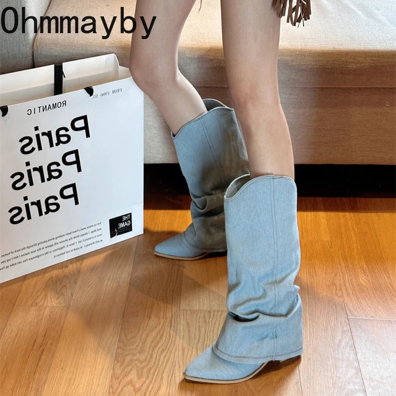 Western Women Cowboy Boots Fashion Slip On Thick Heel Long Booties Retro Style Autumn Winter Female Denim Shoes ac64