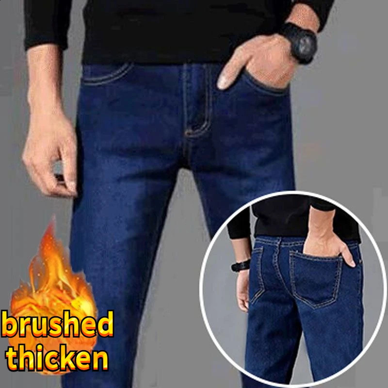 Mens Autumn Winter Korean Style Brushed Denim Fabric Slim Fashion Skinny Plush Cowboy Snowflake Pants 240826Z