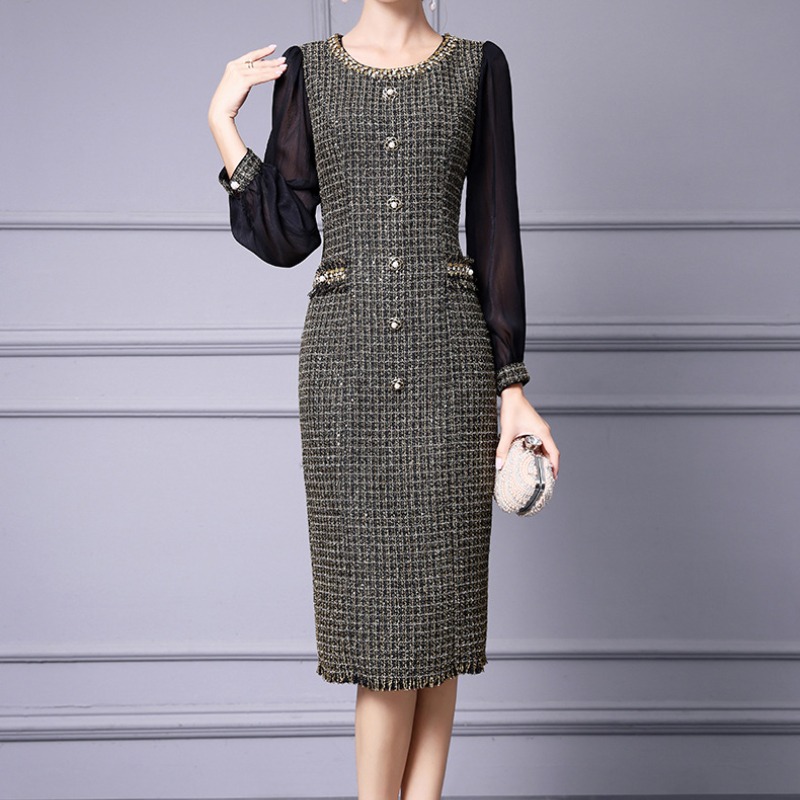 OC 409M90 Basic Casual Dresses Autumn and Winter Coarse Floral Woolen Commuting Skirt Customization Top Women's Dress Handmade Nail Drill