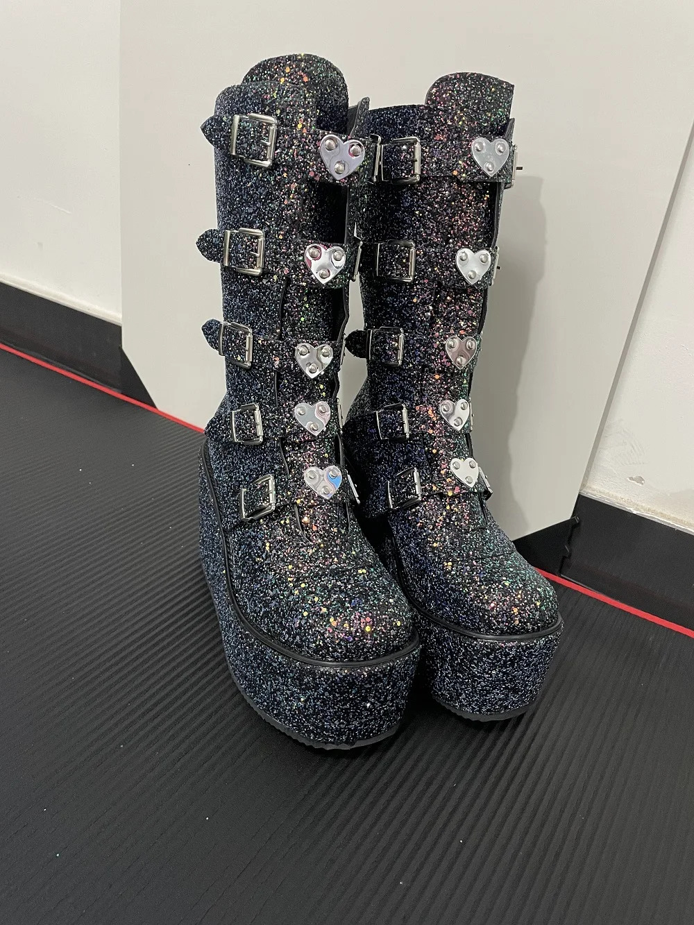2024Brand Fashion Gothic Street Cool Wedges Woman Shoes Buckles Big Size 43 Glittered Pink Chunky Platform Motorcycles Boots