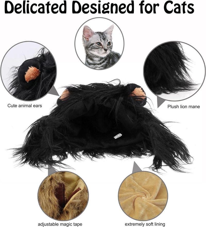 Lion Mane Wig for Cats, Funny Pet Cat Costumes for Halloween Christmas, Cat Cosplay Dress Up Pet Hat, Furry Pet Clothing Accessories (Size M, Black) N