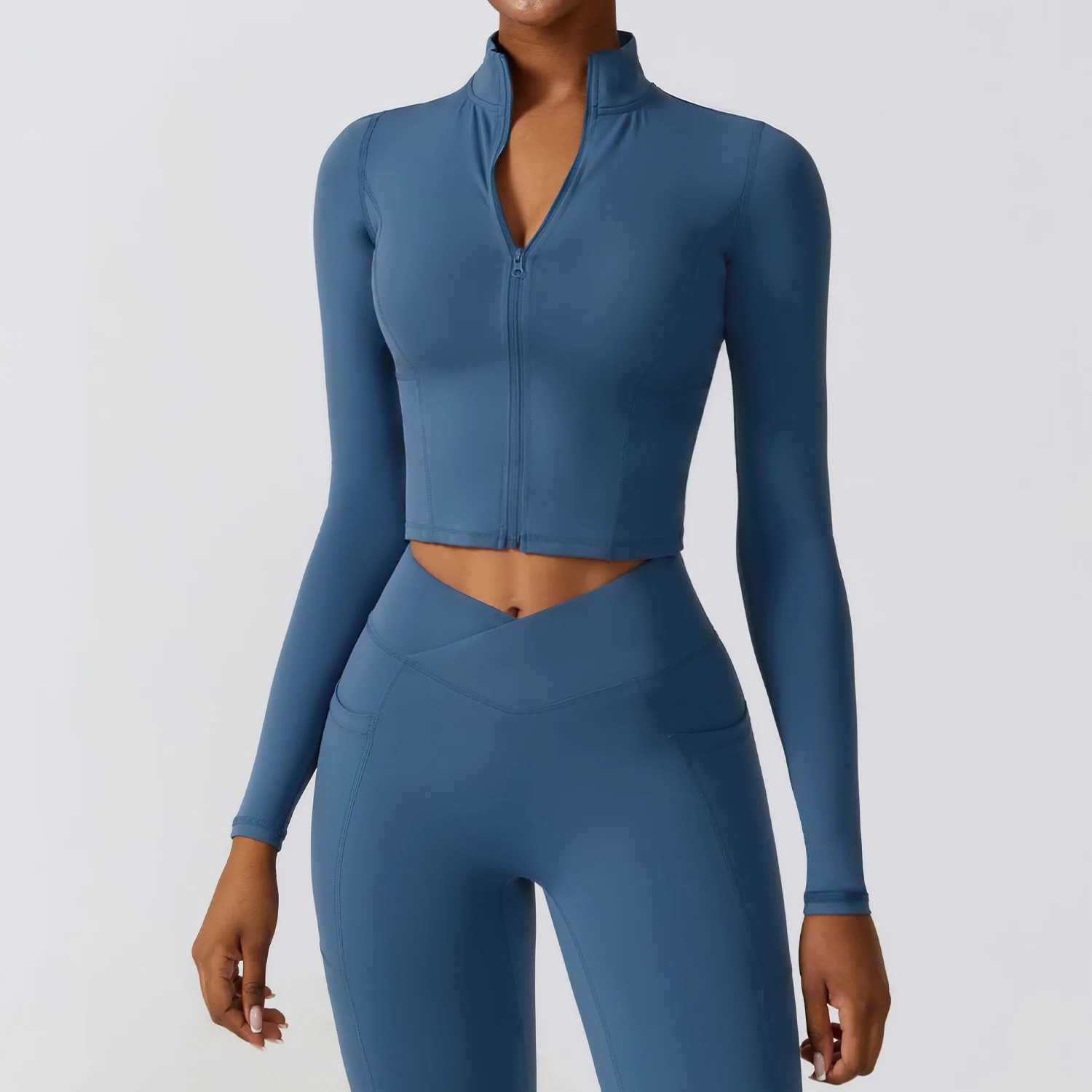 Zipper sports top womens gym long sleeved fitness jacket running womens clothing running exercise tight fitness top yoga shirt W250326