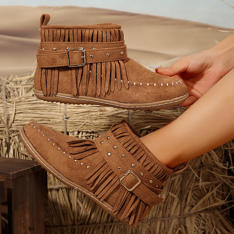 Winter Women Large Size Rivet Woman Retro Ethnic Western Cowboy Block Flat Heels Tassel Fringe Ankle Boots bf3a