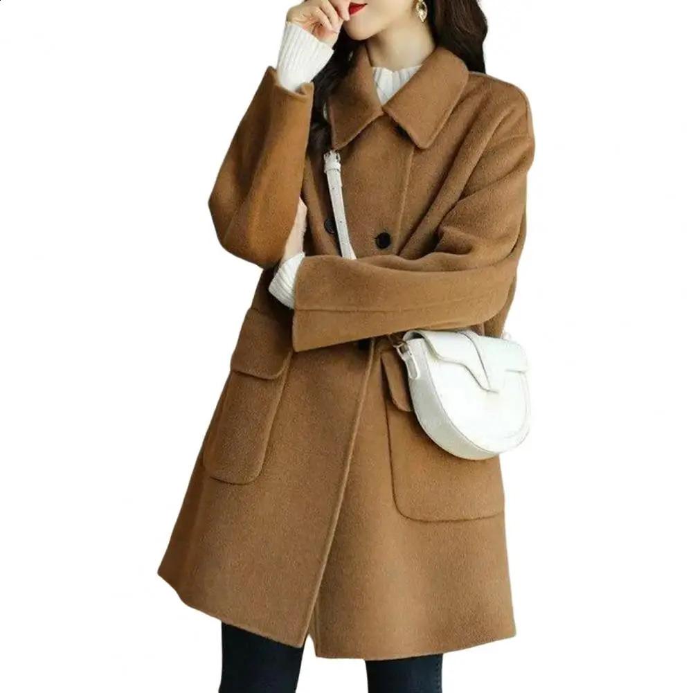 Trendy Pocket Solid Color Non-Fading Fashionable Women Mid-Long Winter Woolen Coat Women Winter Coat Decorative 240830