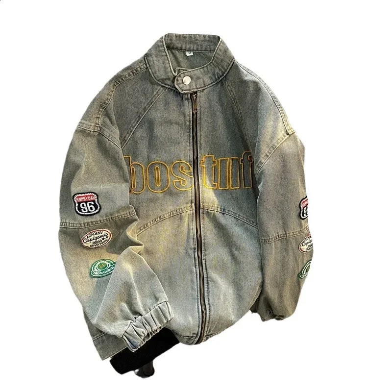 Trendy High Street Denim Jacket Loose Fit Vintage Motorcycle Dirt Colorful Letter Printed Jacket Casual Street Style For Men 240830