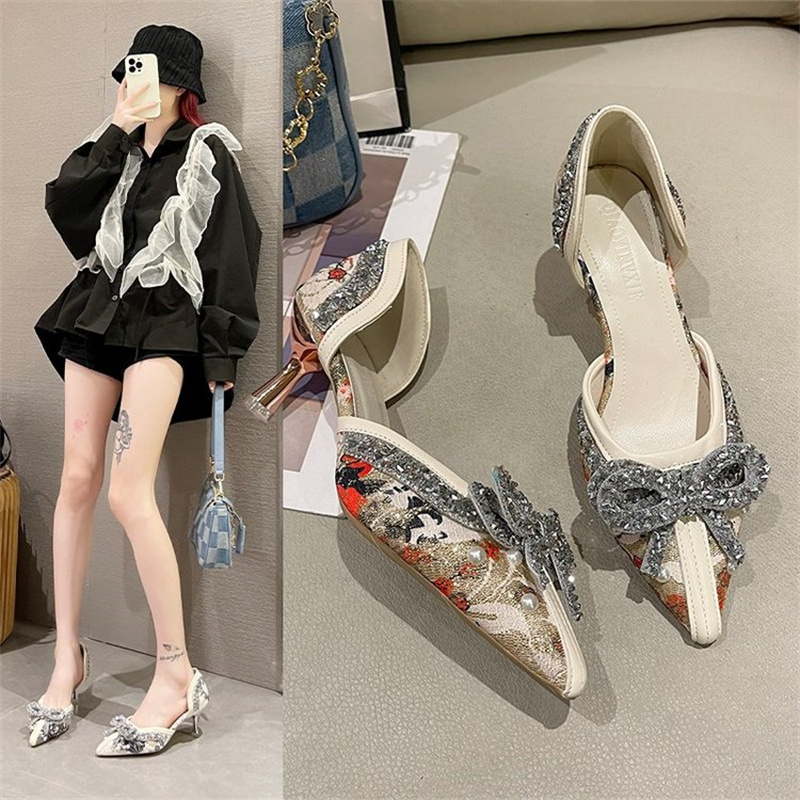 Crystal Pearl Bowtie White Wedding Women 2023 Autumn Brand Designer High Heels Pumps Woman Thin Heeled Party Shoes fb65