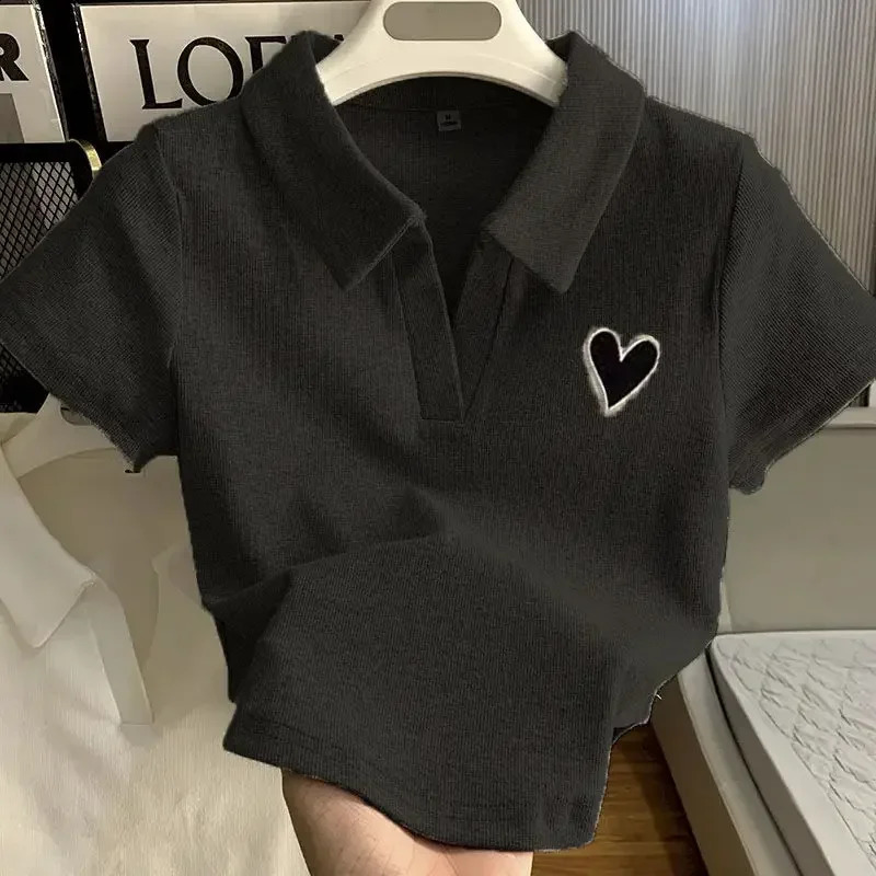 Loves Embroidery Tshirt Polo Collar Orthoshoulder Slim sweet Womens Crop Top Korean Fashion tie Simple Casual Wholesale 240830