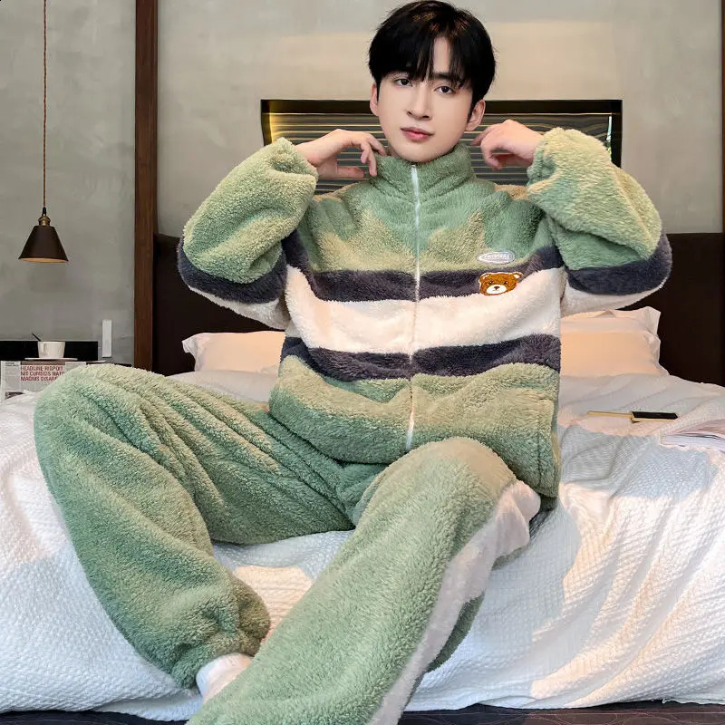 Mens Pajama Set Winter Thick Flannel Mens Home Clothes Coral Velvet Stand Collar Large Size Casual Pajama 240830