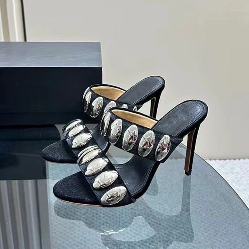 Brand 2024 Summer Metal Decor Women Slippers Sandals Fashion Banquet Rivet Stiletto high Heels Suede Pumps Female Mules Slides f8ef
