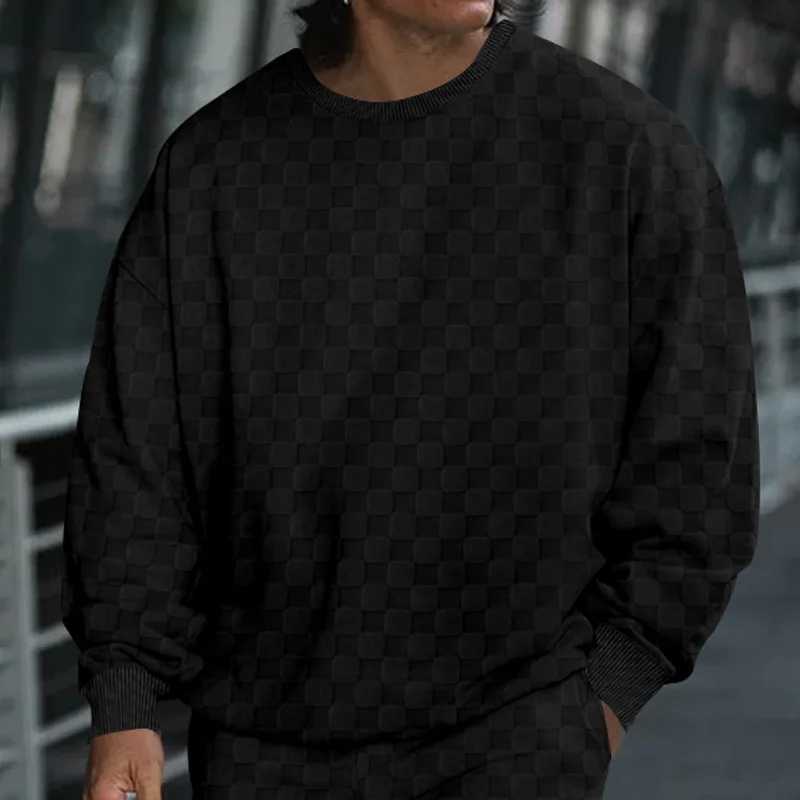 Men's Hoodies Sweatshirts Cross border mens autumn and winter heavy-duty jacquard checkered round neck casual bottom shirt knitted long sleeved s