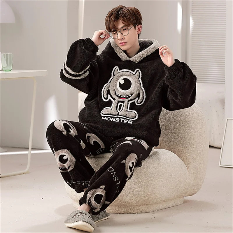 Mens Pajama Set Winter Cartoon Hooded Coral Velvet Pajama Thick Warm Home Set 5XL Large Comfortable Casual Clothing 240830 - view 6