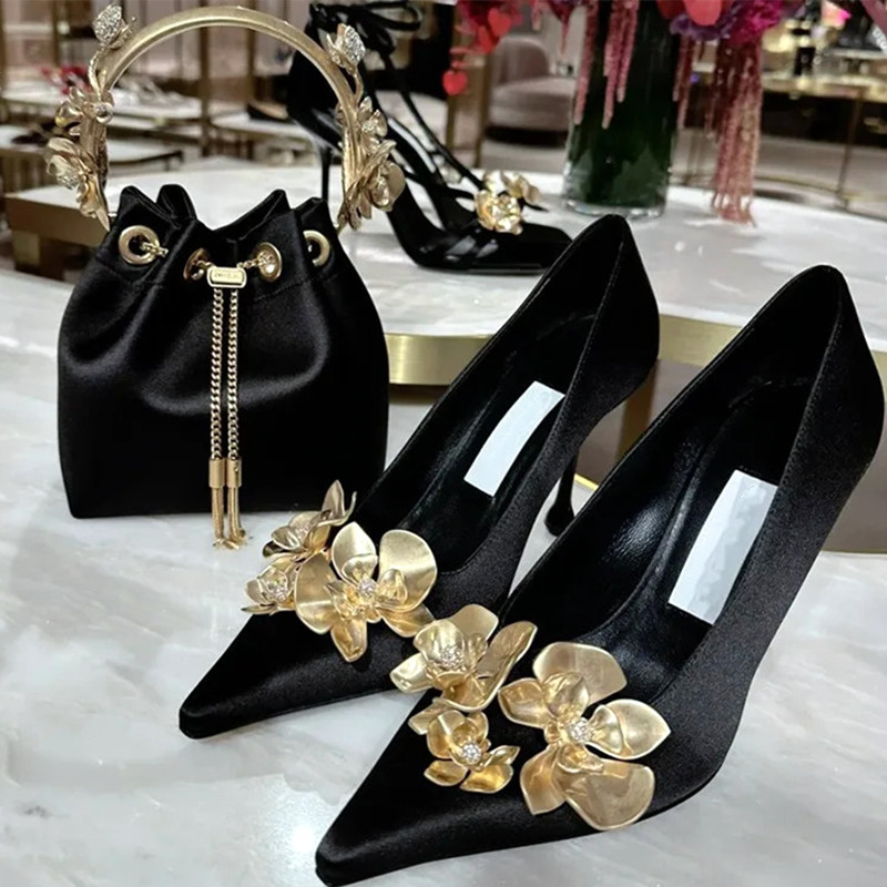 Black 2024 Silk Design Heels Gold New Metallic wer Decoration Women Pumps Sexy Pointed Toe Fine High Heel Party Dress Shoes efb9