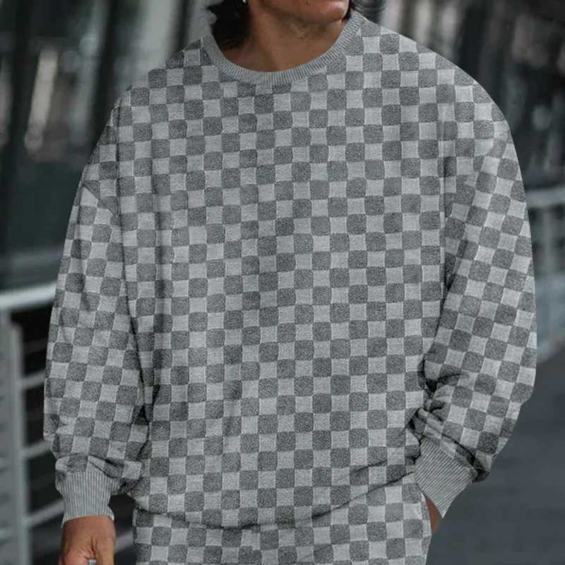 Men's Hoodies Sweatshirts Cross border mens autumn and winter heavy-duty jacquard checkered round neck casual bottom shirt knitted long sleeved s