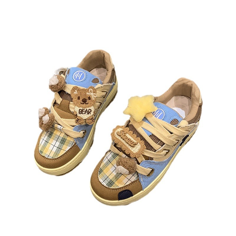 Women's teddy bear color denim patchwork retro casual board shoes
