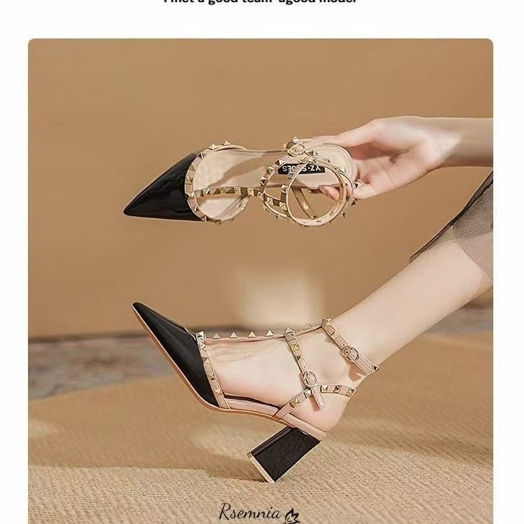 Summer high-heeled women's sandals Fashion brand design pointed rivet red casual shoes Large size 41-43