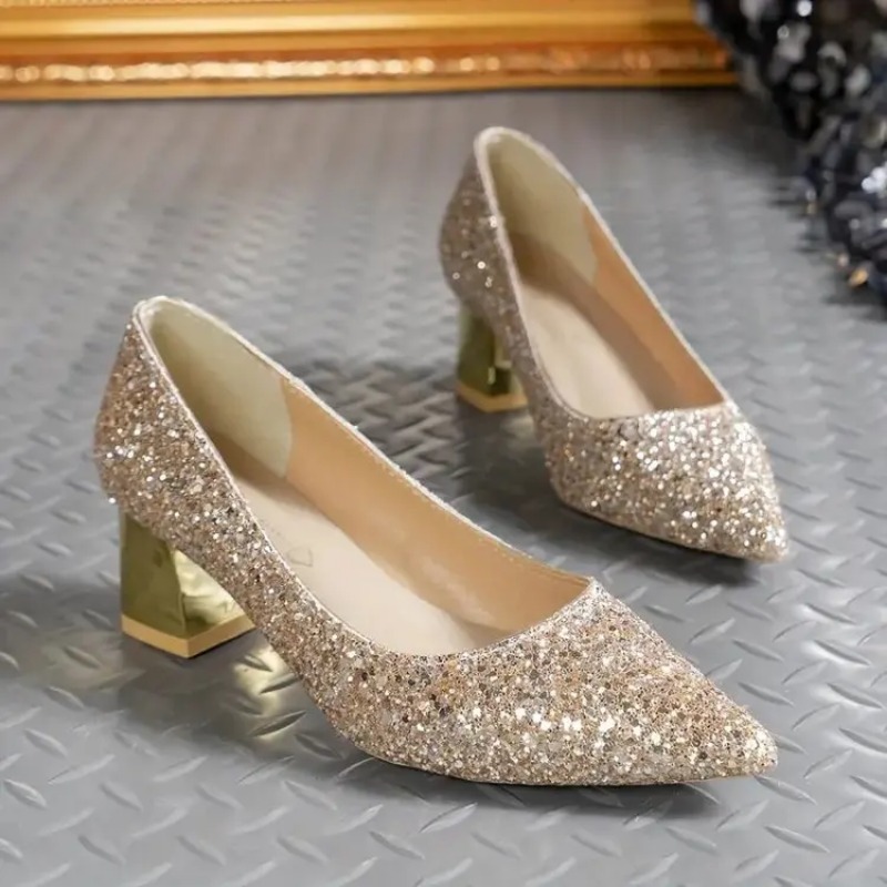2025 new Spring Fashion and Summer Golden Sequin High-quality Sier Wedding High-heeled Shoes Women's Pumps cd03
