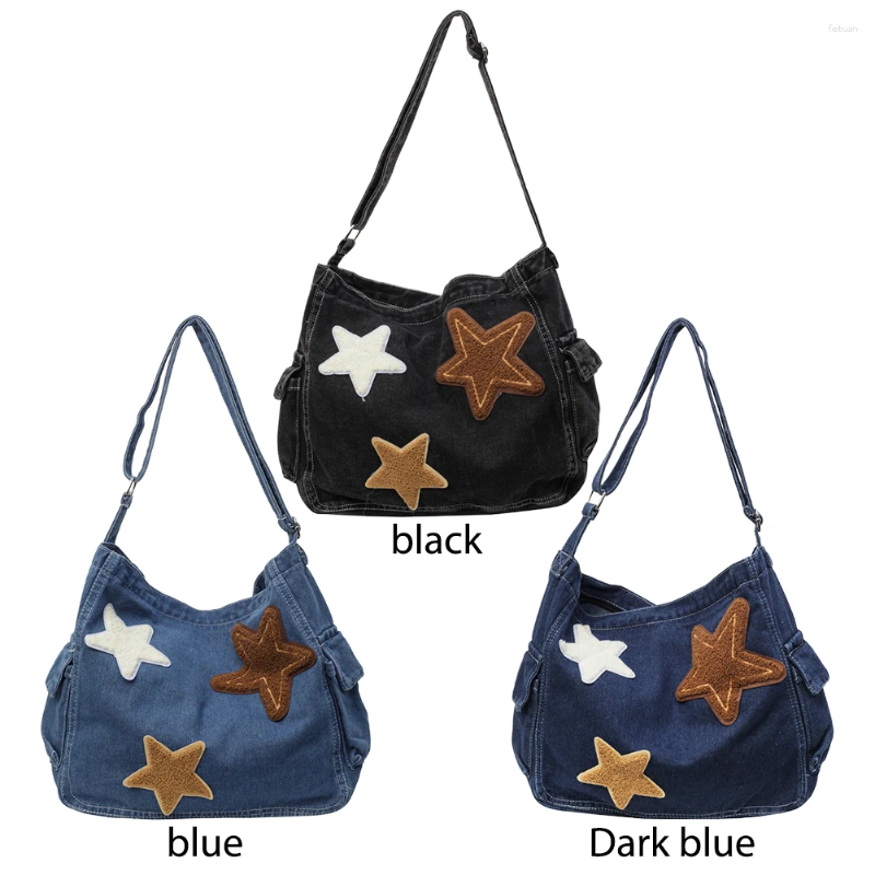 Shoulder Bags Star Denim Bag Large Capacity Trendy Crossbody With Zipper Adjustable Strap Everyday Purse Multi Pocket For Women