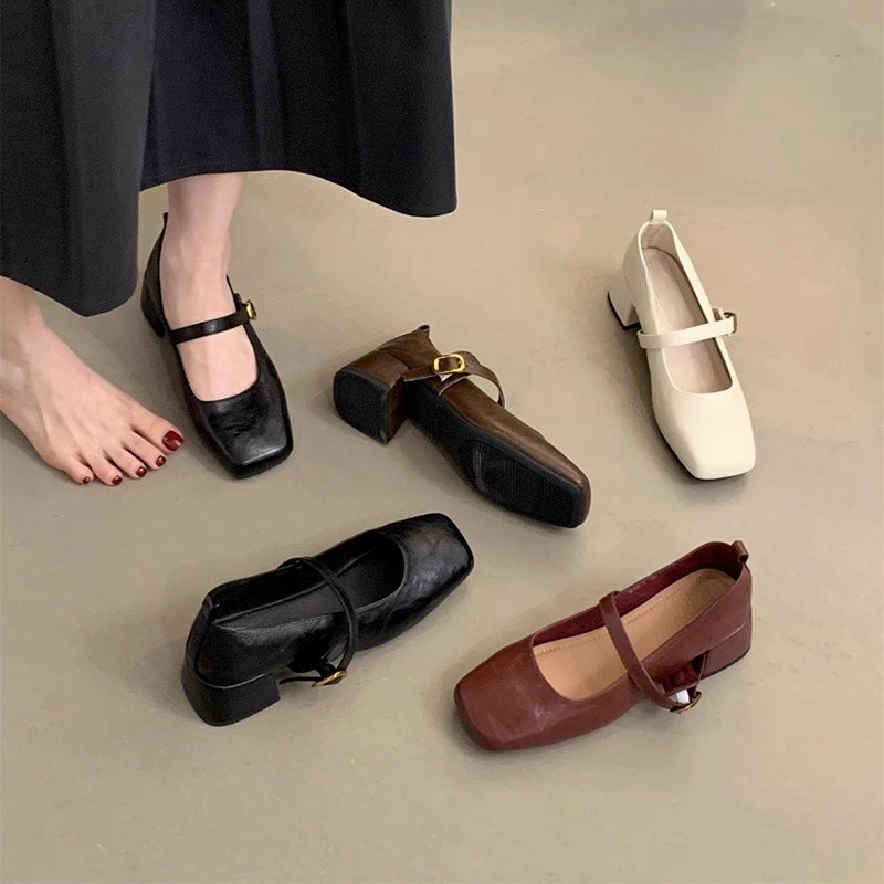Women's retro square toe shallow mouth single shoe temperament fairy thick heel Mary Jane small leather shoes