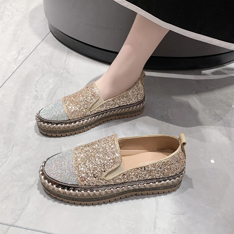 Luxury Women Flats Rhinestone Bling Sewing Platform Loafers Slip on Sewing Shallow Fashion Casual Shoes Ladies Footwear