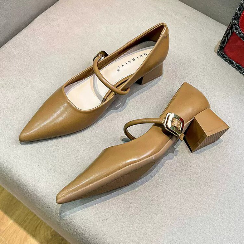 2024 Woman Elegant Summer French Pointed Toe Mary Janes Casual Chunky Heels Female Retro Low Heeled New Women Shoes Q130