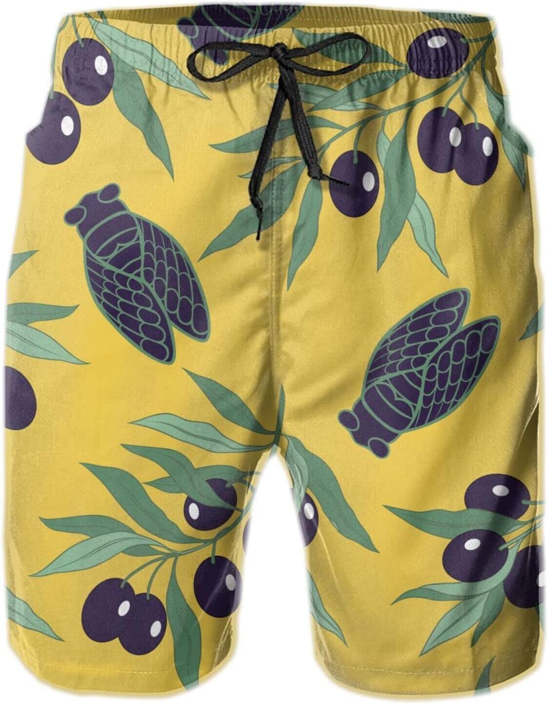 Mens Shorts 3D Printed Pattern Cicadas And Olive Branches Swim Trunks Quick Dry Casual Beach Board Swimwear