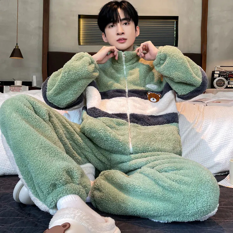 Mens Pajama Set Winter Thick Flannel Mens Home Clothes Coral Velvet Stand Collar Large Size Casual Pajama 240830