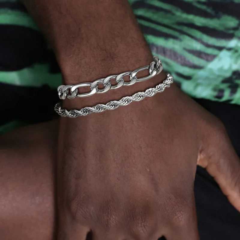 HONGTONG Basic Mens Cuban Twisted Rope Bracelet 2-piece Set Gold Stainless Steel Figaro Wheat Chain W240830