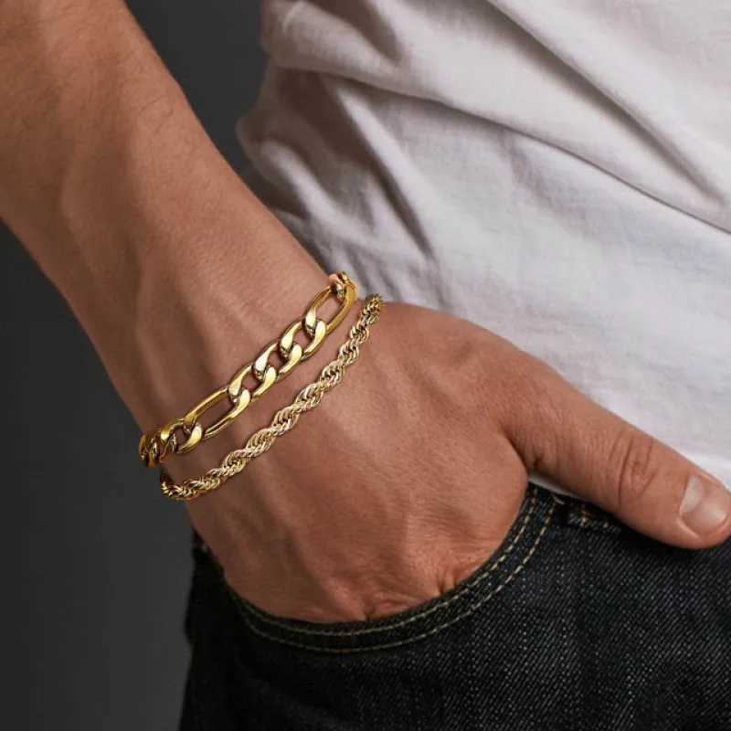 HONGTONG Basic Mens Cuban Twisted Rope Bracelet 2-piece Set Gold Stainless Steel Figaro Wheat Chain W240830
