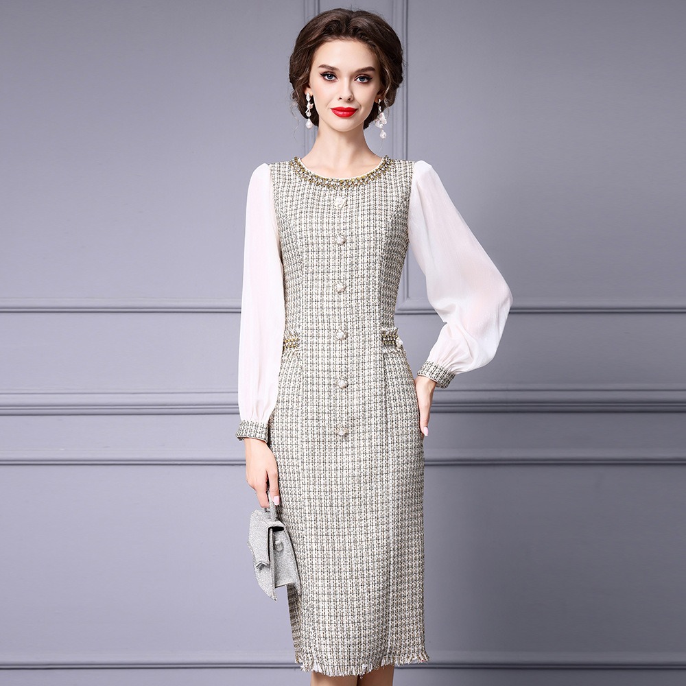 OC 409M90 Basic Casual Dresses Autumn and Winter Coarse Floral Woolen Commuting Skirt Customization Top Women's Dress Handmade Nail Drill