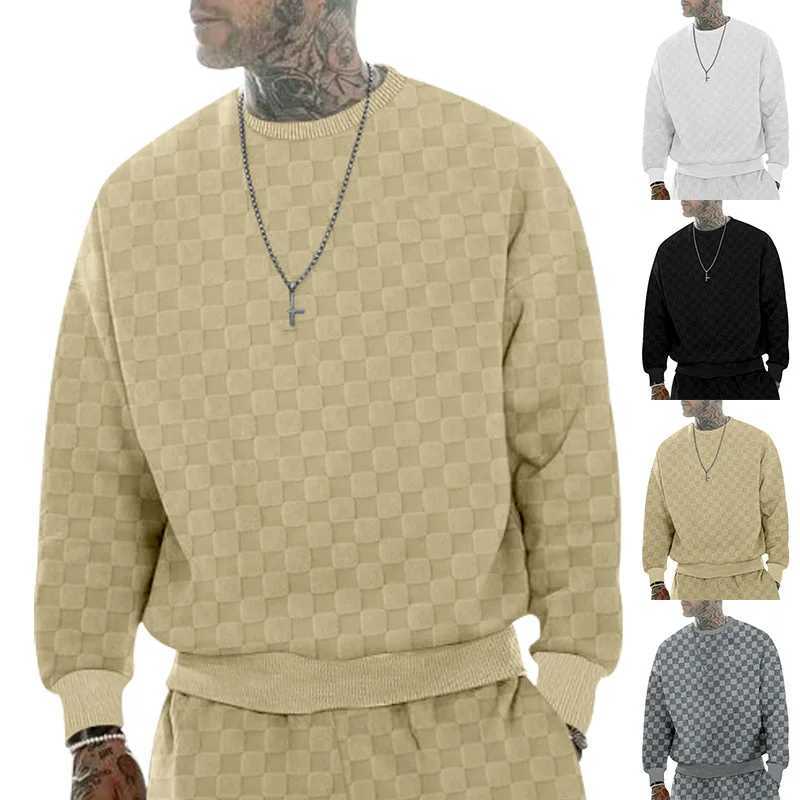 Men's Hoodies Sweatshirts Cross border mens autumn and winter heavy-duty jacquard checkered round neck casual bottom shirt knitted long sleeved s