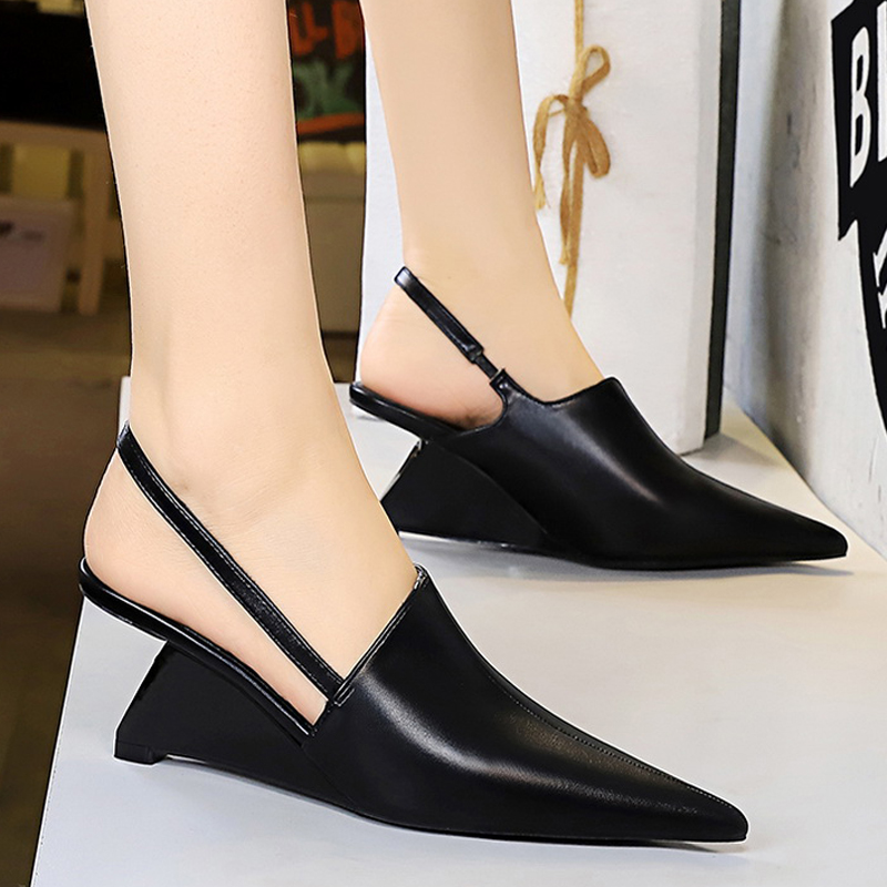 Bigtree New Designer Wedge Heels Hollow Back Strap Sandals Summer Shoes 2024 Fashion Pointed Tip Women Pumps