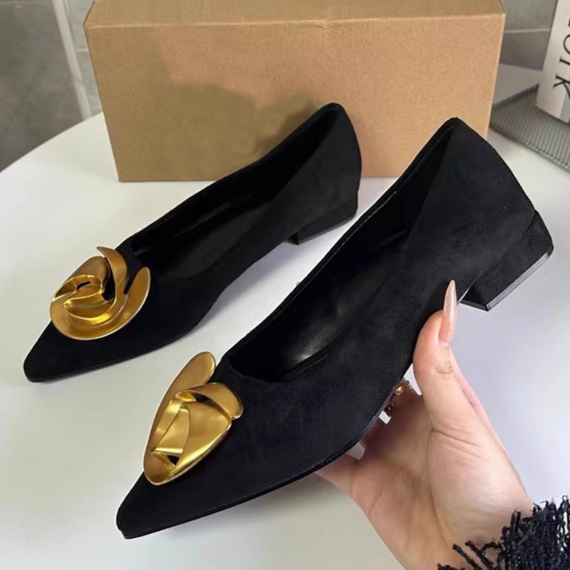 Pointed Toe Summer Women Flats Elegant Metal Flower 2024 Trend Black Luxury Female Dress Shoes Solid Work Office Footwear